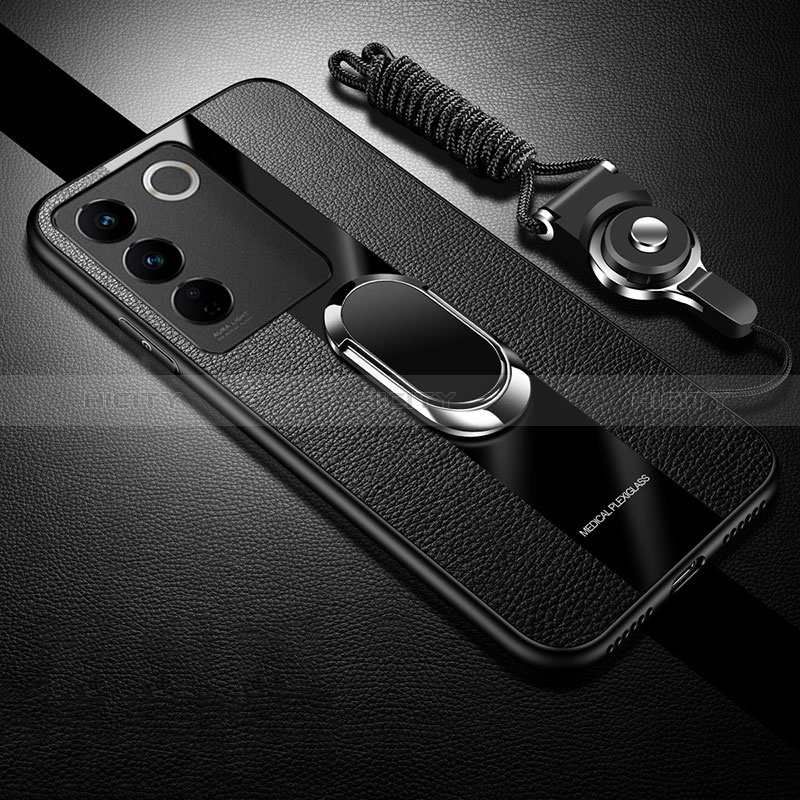 Coque Ultra Fine Silicone Souple Housse Etui avec Support Bague Anneau Aimante Magnetique S01 pour Vivo V27e 5G Noir Plus