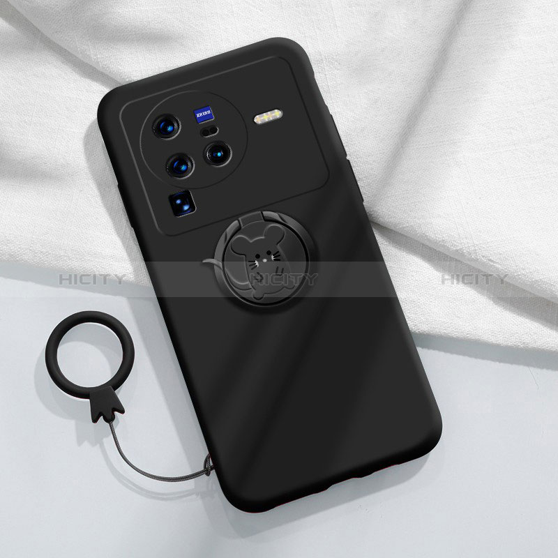 Coque Ultra Fine Silicone Souple Housse Etui avec Support Bague Anneau Aimante Magnetique S01 pour Vivo X80 Pro 5G Noir Plus