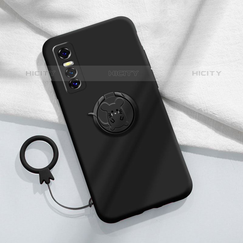 Coque Ultra Fine Silicone Souple Housse Etui avec Support Bague Anneau Aimante Magnetique S01 pour Vivo Y73s 5G Noir Plus