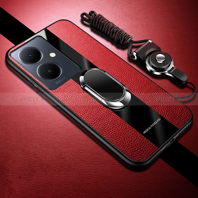 Coque Ultra Fine Silicone Souple Housse Etui avec Support Bague Anneau Aimante Magnetique S01 pour Vivo Y78 5G Rouge Plus