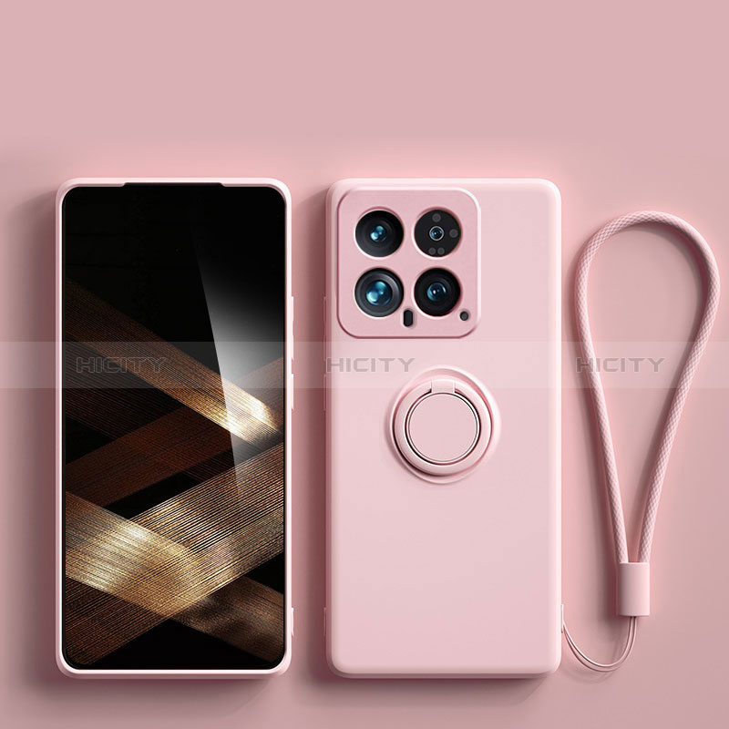 Coque Ultra Fine Silicone Souple Housse Etui avec Support Bague Anneau Aimante Magnetique S01 pour Xiaomi Mi 14 5G Rose Plus