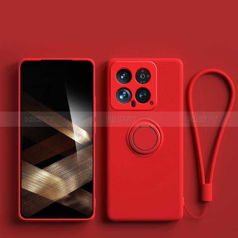 Coque Ultra Fine Silicone Souple Housse Etui avec Support Bague Anneau Aimante Magnetique S01 pour Xiaomi Mi 14 5G Rouge Plus