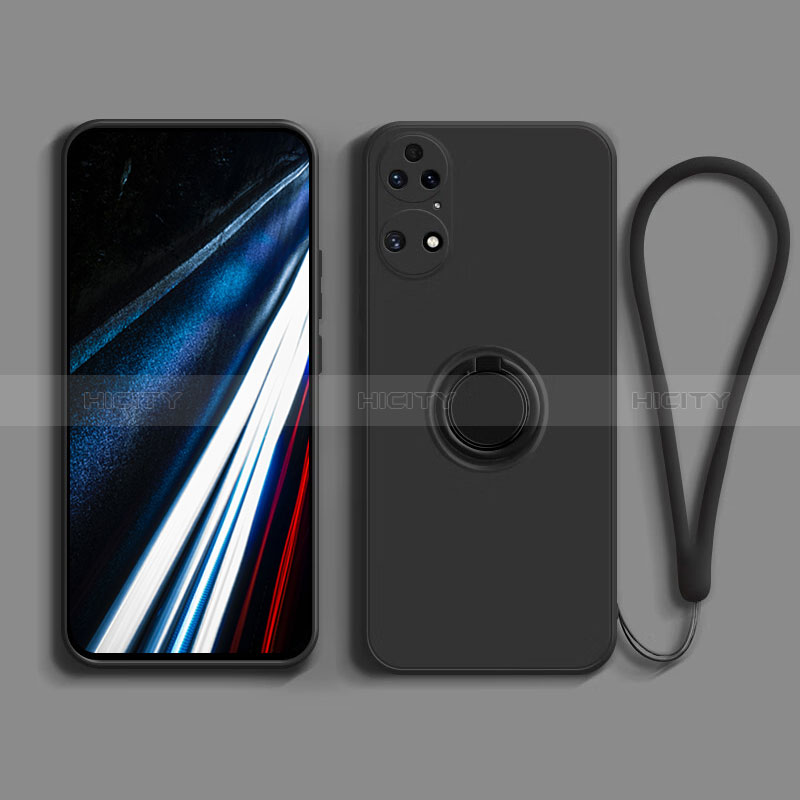 Coque Ultra Fine Silicone Souple Housse Etui avec Support Bague Anneau Aimante Magnetique S02 pour Huawei P50 Noir Plus