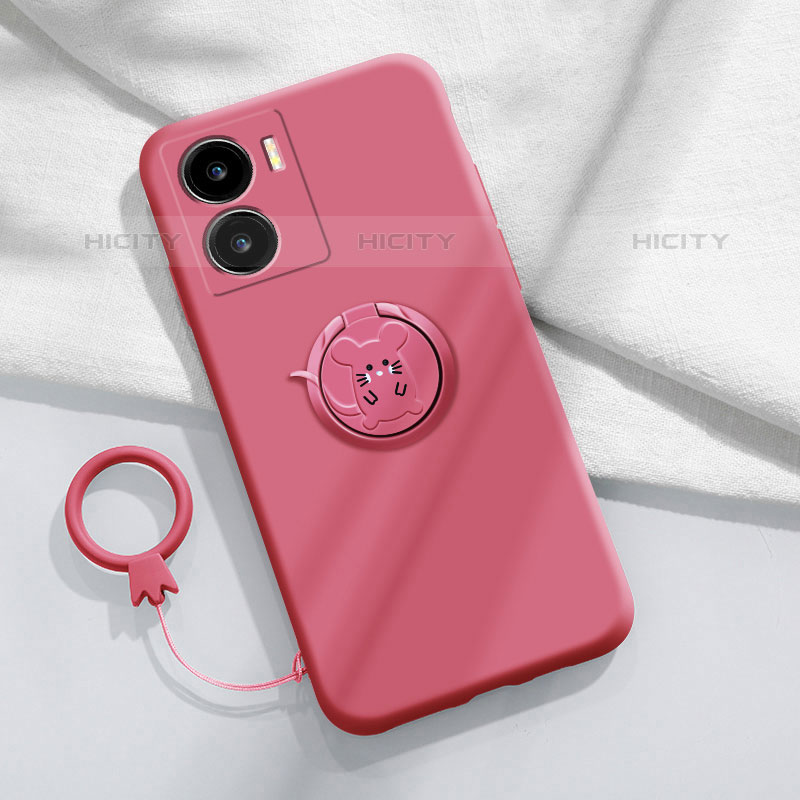 Coque Ultra Fine Silicone Souple Housse Etui avec Support Bague Anneau Aimante Magnetique S02 pour Vivo iQOO Z7 5G Rose Rouge Plus