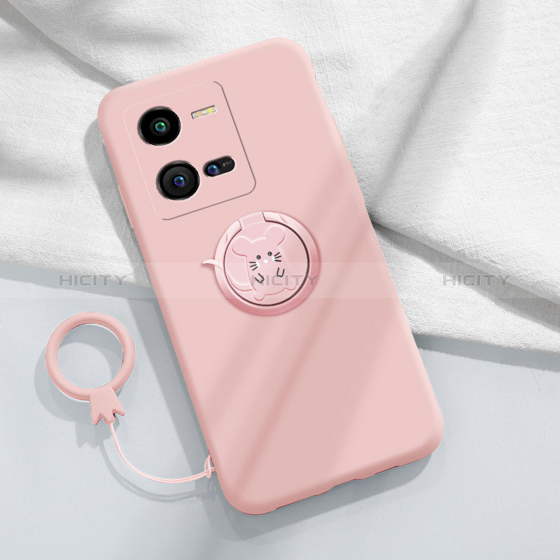 Coque Ultra Fine Silicone Souple Housse Etui avec Support Bague Anneau Aimante Magnetique S02 pour Vivo V25 5G Rose Plus