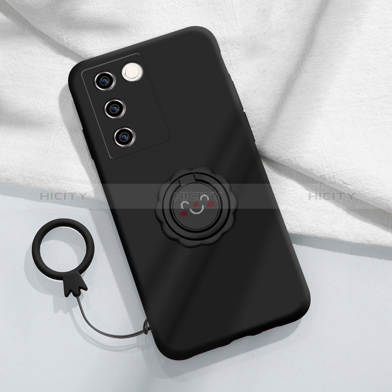 Coque Ultra Fine Silicone Souple Housse Etui avec Support Bague Anneau Aimante Magnetique S02 pour Vivo V27 5G Noir Plus