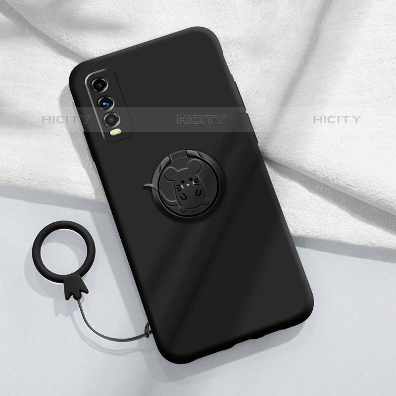 Coque Ultra Fine Silicone Souple Housse Etui avec Support Bague Anneau Aimante Magnetique S02 pour Vivo Y50t Noir Plus