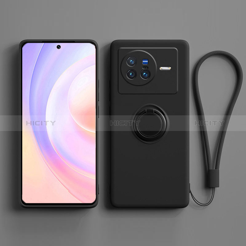 Coque Ultra Fine Silicone Souple Housse Etui avec Support Bague Anneau Aimante Magnetique S03 pour Vivo X80 5G Noir Plus