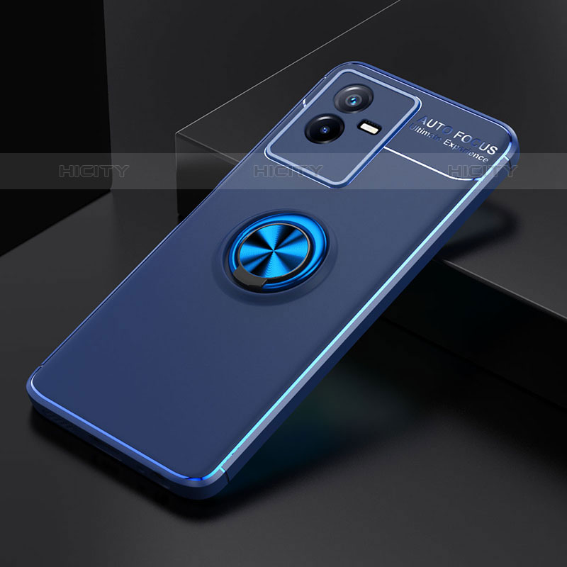 Coque Ultra Fine Silicone Souple Housse Etui avec Support Bague Anneau Aimante Magnetique SD1 pour Vivo iQOO Z6x Bleu Plus