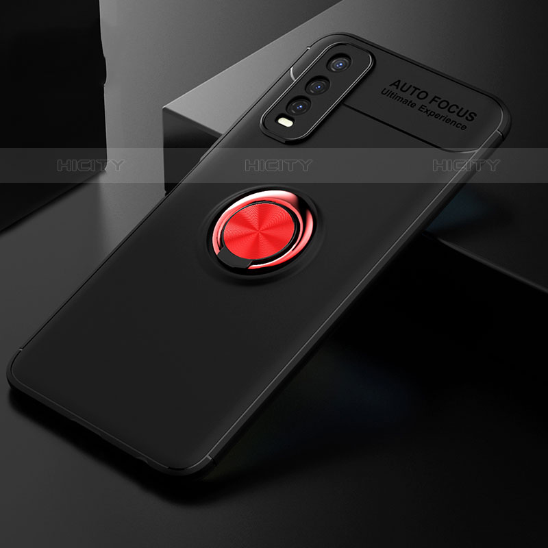 Coque Ultra Fine Silicone Souple Housse Etui avec Support Bague Anneau Aimante Magnetique SD1 pour Vivo Y70S 5G Rouge et Noir Plus