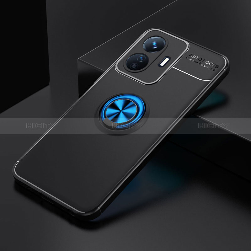 Coque Ultra Fine Silicone Souple Housse Etui avec Support Bague Anneau Aimante Magnetique SD1 pour Vivo Y77 5G Bleu et Noir Plus