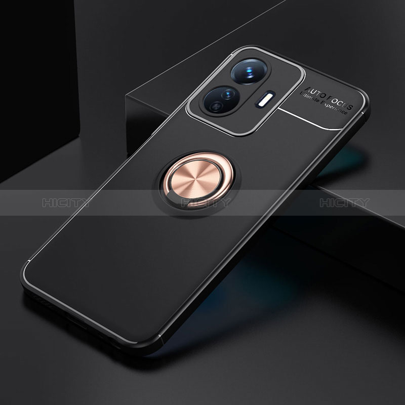 Coque Ultra Fine Silicone Souple Housse Etui avec Support Bague Anneau Aimante Magnetique SD1 pour Vivo Y77 5G Or et Noir Plus