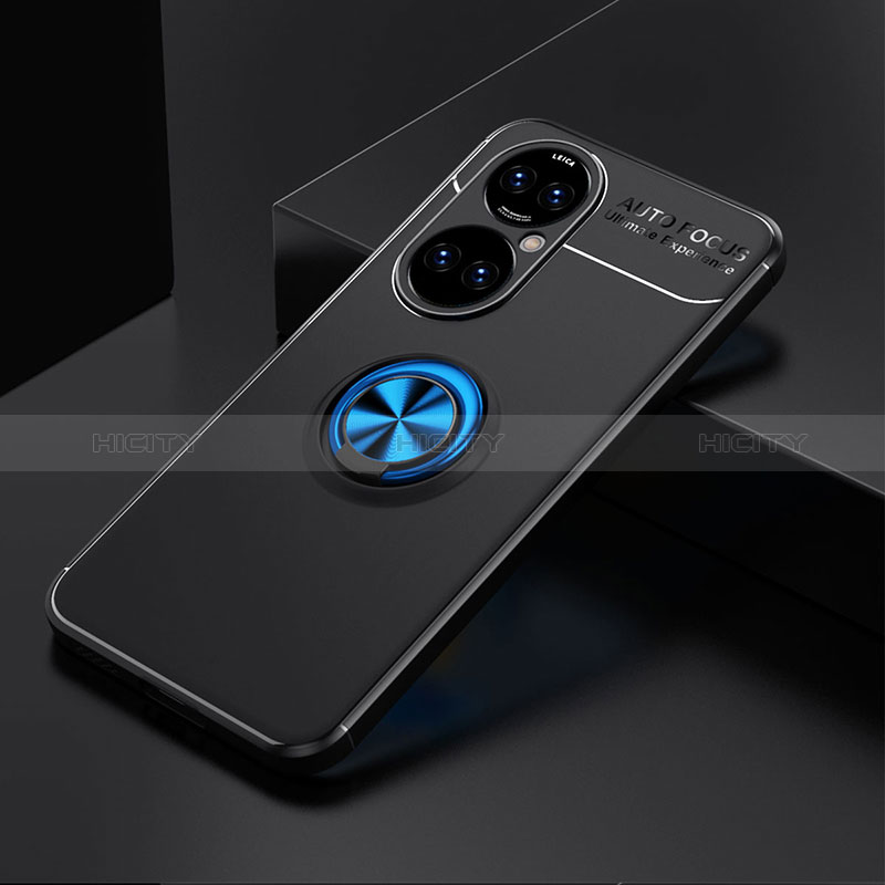 Coque Ultra Fine Silicone Souple Housse Etui avec Support Bague Anneau Aimante Magnetique SD2 pour Huawei P50e Bleu et Noir Plus