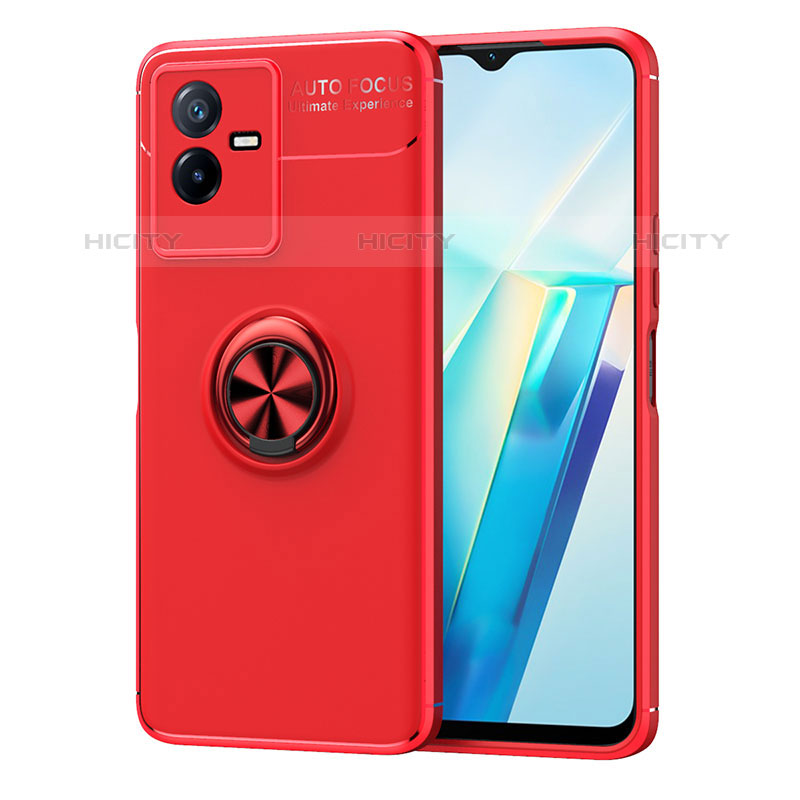 Coque Ultra Fine Silicone Souple Housse Etui avec Support Bague Anneau Aimante Magnetique SD2 pour Vivo iQOO Z6x Rouge Plus