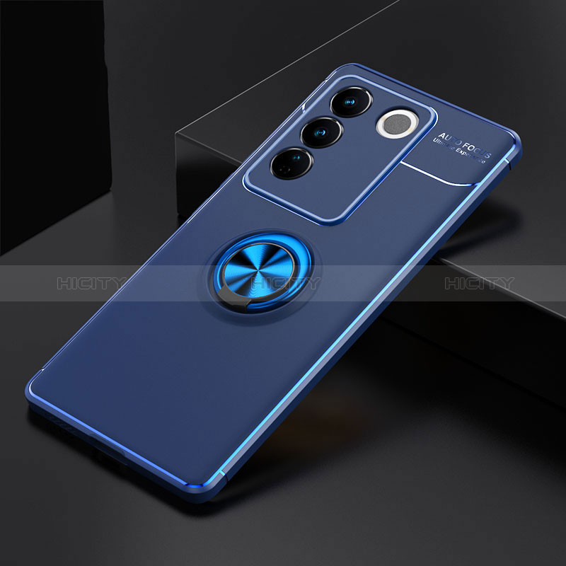 Coque Ultra Fine Silicone Souple Housse Etui avec Support Bague Anneau Aimante Magnetique SD2 pour Vivo V27 5G Bleu Plus