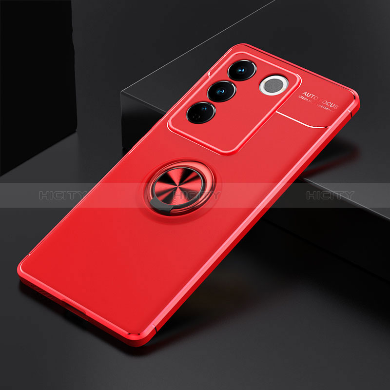 Coque Ultra Fine Silicone Souple Housse Etui avec Support Bague Anneau Aimante Magnetique SD2 pour Vivo V27 5G Rouge Plus