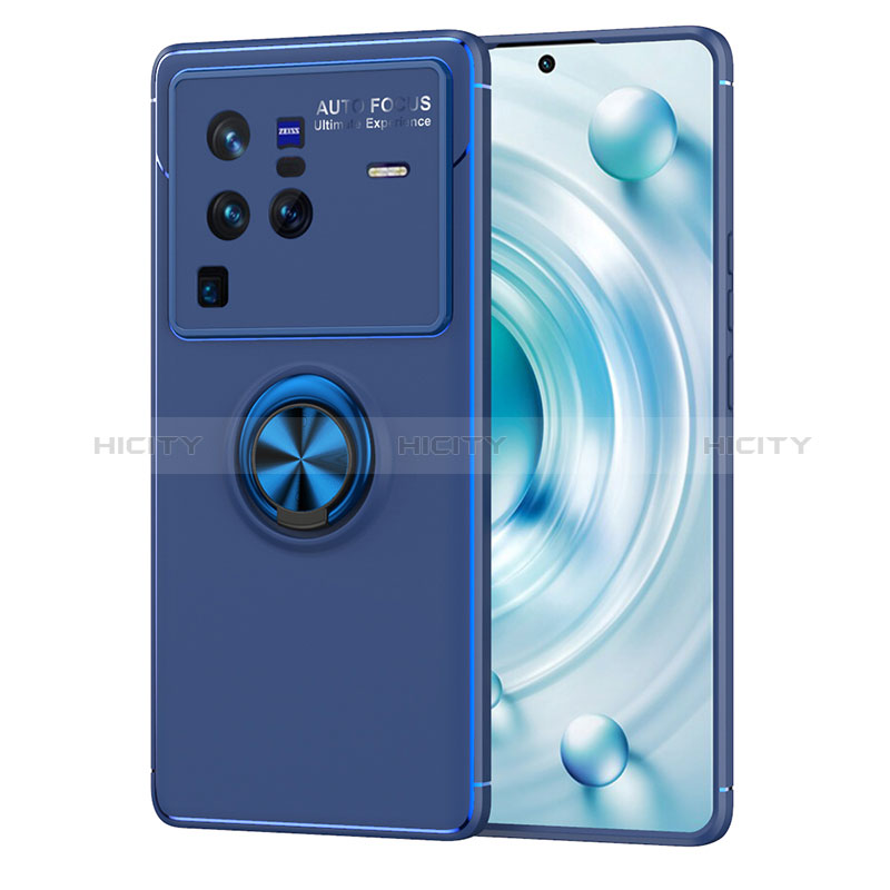 Coque Ultra Fine Silicone Souple Housse Etui avec Support Bague Anneau Aimante Magnetique SD2 pour Vivo X80 Pro 5G Bleu Plus