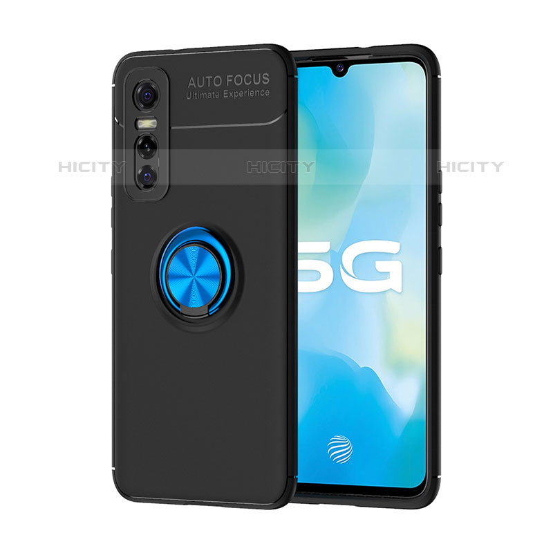 Coque Ultra Fine Silicone Souple Housse Etui avec Support Bague Anneau Aimante Magnetique SD2 pour Vivo Y73s 5G Bleu et Noir Plus