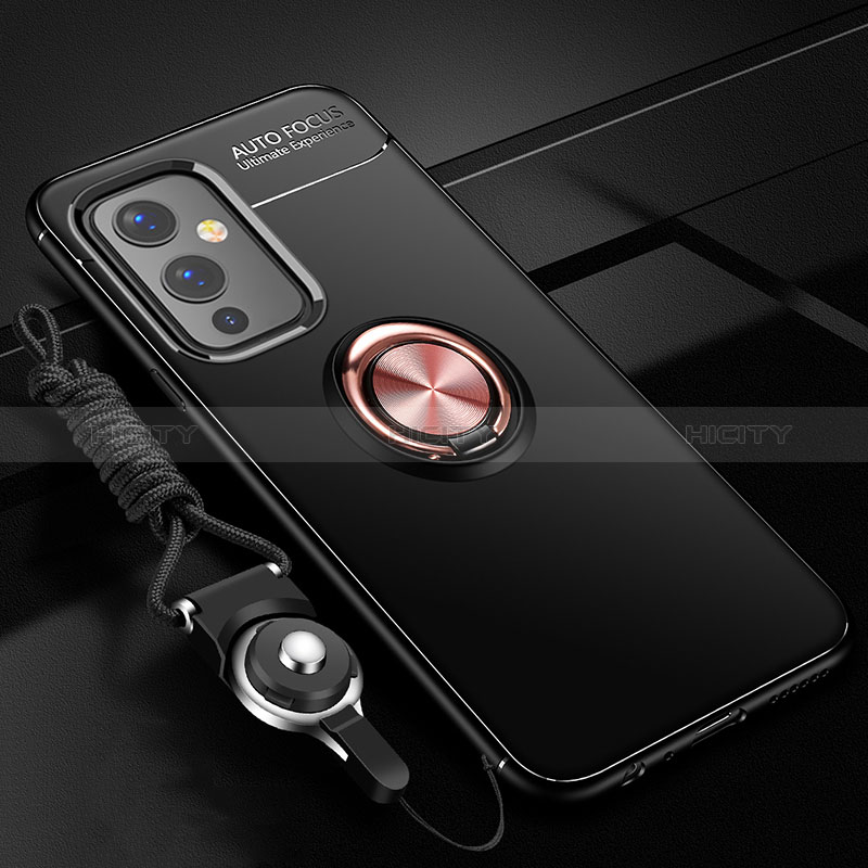 Coque Ultra Fine Silicone Souple Housse Etui avec Support Bague Anneau Aimante Magnetique SD3 pour OnePlus 9 5G Or et Noir Plus