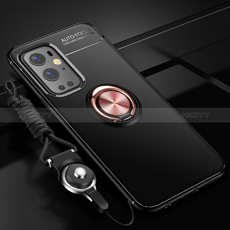 Coque Ultra Fine Silicone Souple Housse Etui avec Support Bague Anneau Aimante Magnetique SD3 pour OnePlus 9 Pro 5G Or et Noir Plus