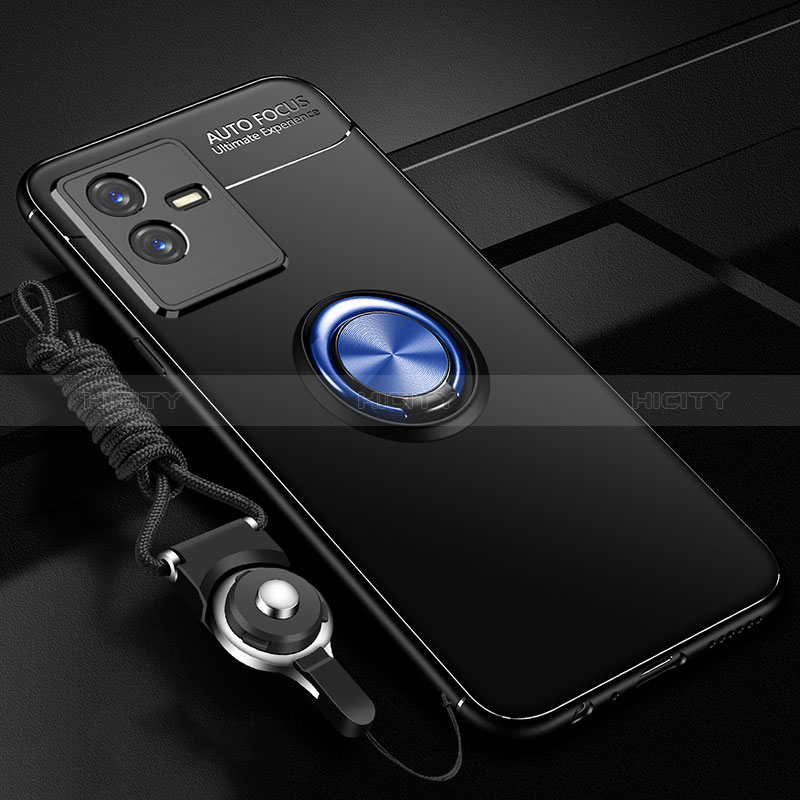 Coque Ultra Fine Silicone Souple Housse Etui avec Support Bague Anneau Aimante Magnetique SD3 pour Vivo T2x 5G Bleu et Noir Plus