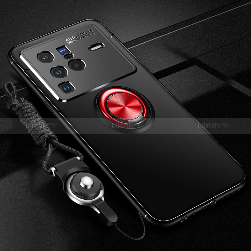 Coque Ultra Fine Silicone Souple Housse Etui avec Support Bague Anneau Aimante Magnetique SD3 pour Vivo X80 Pro 5G Rouge et Noir Plus