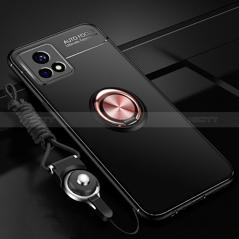 Coque Ultra Fine Silicone Souple Housse Etui avec Support Bague Anneau Aimante Magnetique SD3 pour Vivo Y31s 5G Or et Noir Plus