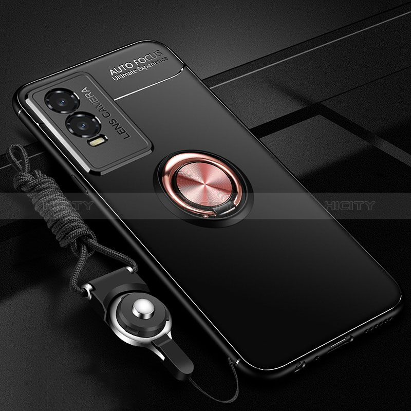 Coque Ultra Fine Silicone Souple Housse Etui avec Support Bague Anneau Aimante Magnetique SD3 pour Vivo Y76s 5G Or et Noir Plus