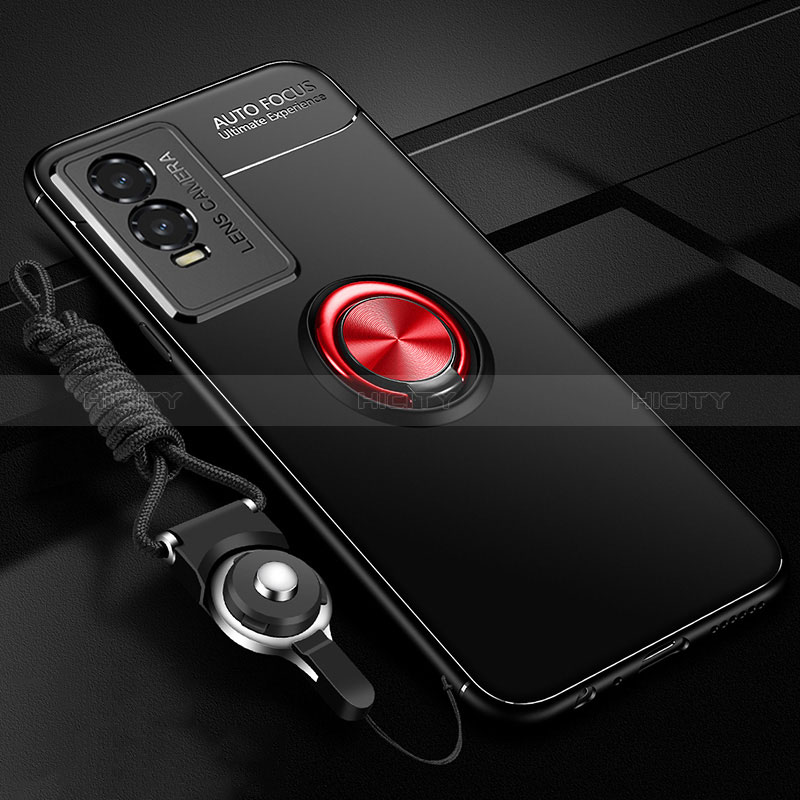 Coque Ultra Fine Silicone Souple Housse Etui avec Support Bague Anneau Aimante Magnetique SD3 pour Vivo Y76s 5G Rouge et Noir Plus