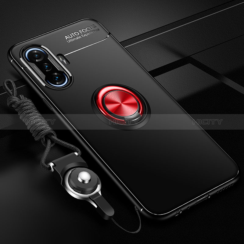 Coque Ultra Fine Silicone Souple Housse Etui avec Support Bague Anneau Aimante Magnetique SD3 pour Xiaomi Poco F3 GT 5G Rouge et Noir Plus