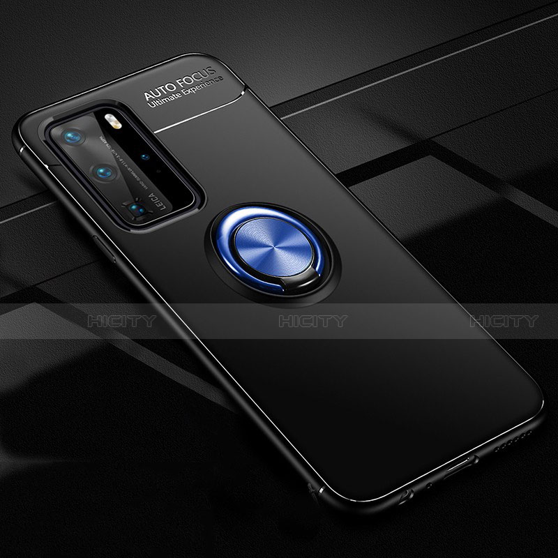 Coque Ultra Fine Silicone Souple Housse Etui avec Support Bague Anneau Aimante Magnetique T01 pour Huawei P40 Pro Bleu et Noir Plus