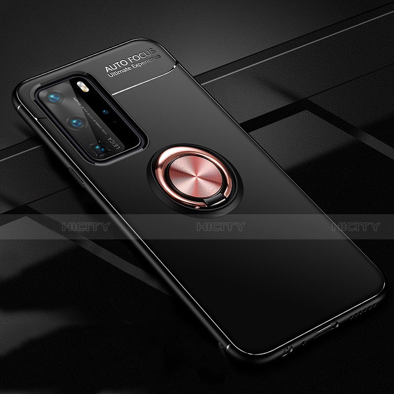 Coque Ultra Fine Silicone Souple Housse Etui avec Support Bague Anneau Aimante Magnetique T01 pour Huawei P40 Pro Or et Noir Plus