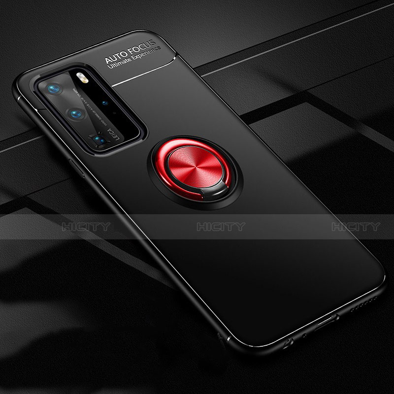 Coque Ultra Fine Silicone Souple Housse Etui avec Support Bague Anneau Aimante Magnetique T01 pour Huawei P40 Pro Rouge et Noir Plus