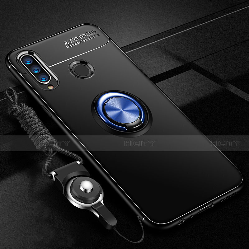 Coque Ultra Fine Silicone Souple Housse Etui avec Support Bague Anneau Aimante Magnetique T02 pour Huawei Nova 4e Bleu et Noir Plus