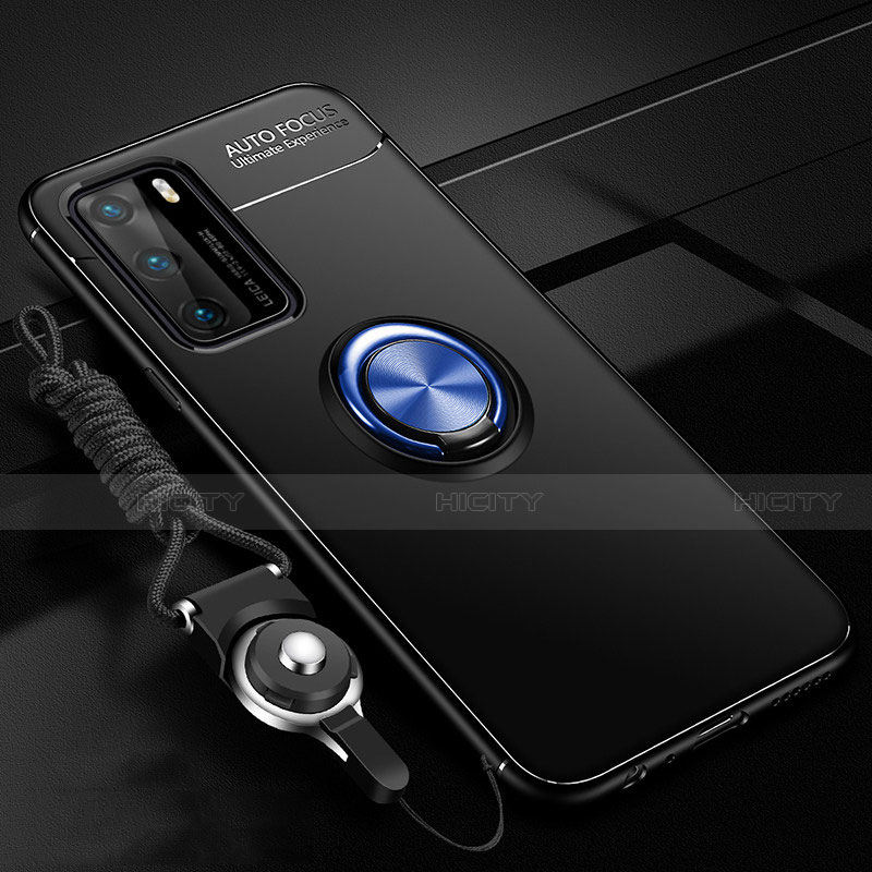 Coque Ultra Fine Silicone Souple Housse Etui avec Support Bague Anneau Aimante Magnetique T02 pour Huawei P40 Bleu et Noir Plus