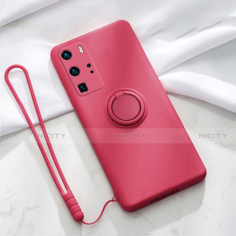 Coque Ultra Fine Silicone Souple Housse Etui avec Support Bague Anneau Aimante Magnetique T02 pour Huawei P40 Pro Vin Rouge Plus