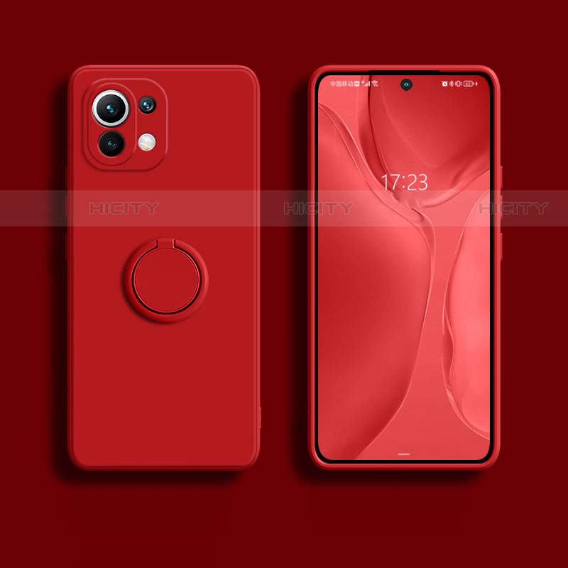 Coque Ultra Fine Silicone Souple Housse Etui avec Support Bague Anneau Aimante Magnetique T02 pour Xiaomi Mi 11 Lite 5G NE Rouge Plus