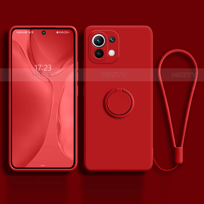 Coque Ultra Fine Silicone Souple Housse Etui avec Support Bague Anneau Aimante Magnetique T03 pour Xiaomi Mi 11 5G Rouge Plus