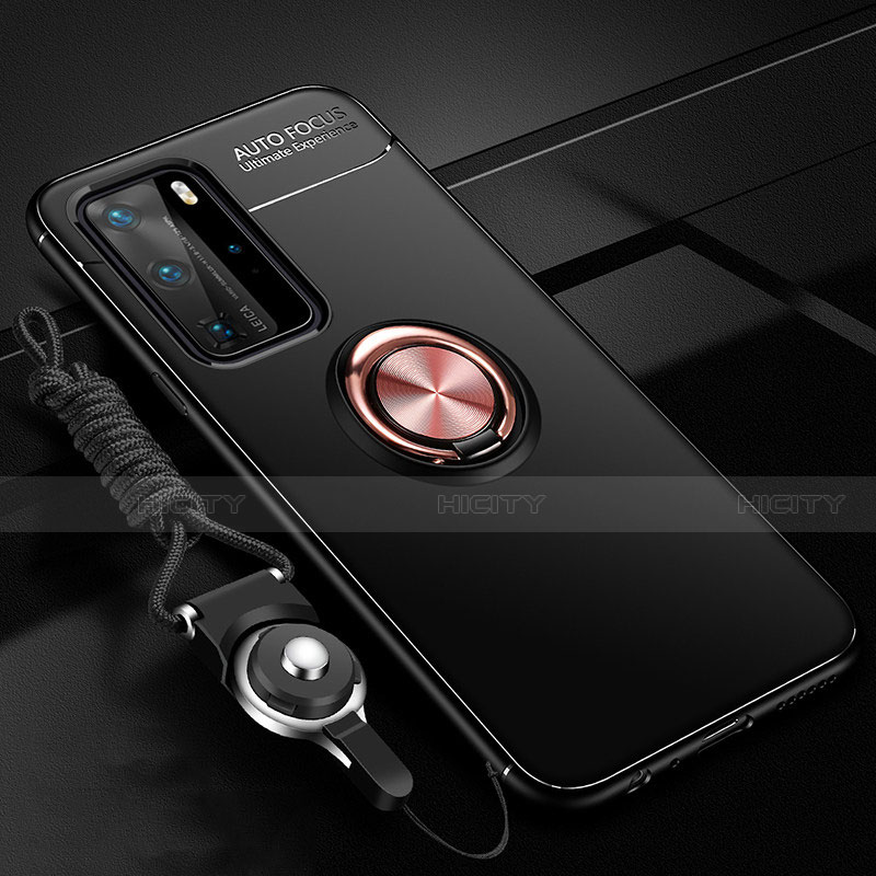 Coque Ultra Fine Silicone Souple Housse Etui avec Support Bague Anneau Aimante Magnetique T04 pour Huawei P40 Pro Or et Noir Plus