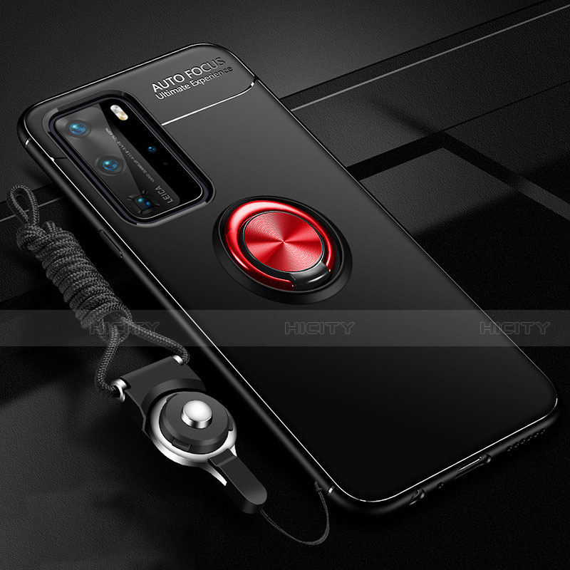 Coque Ultra Fine Silicone Souple Housse Etui avec Support Bague Anneau Aimante Magnetique T04 pour Huawei P40 Pro Rouge et Noir Plus