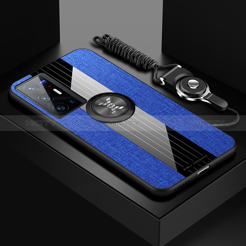 Coque Ultra Fine Silicone Souple Housse Etui avec Support Bague Anneau Aimante Magnetique X03L pour Vivo X70 Pro+ Plus 5G Bleu Plus