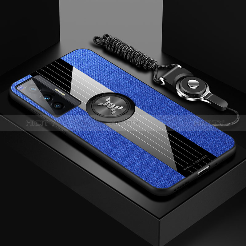 Coque Ultra Fine Silicone Souple Housse Etui avec Support Bague Anneau Aimante Magnetique X03L pour Vivo X70t Bleu Plus