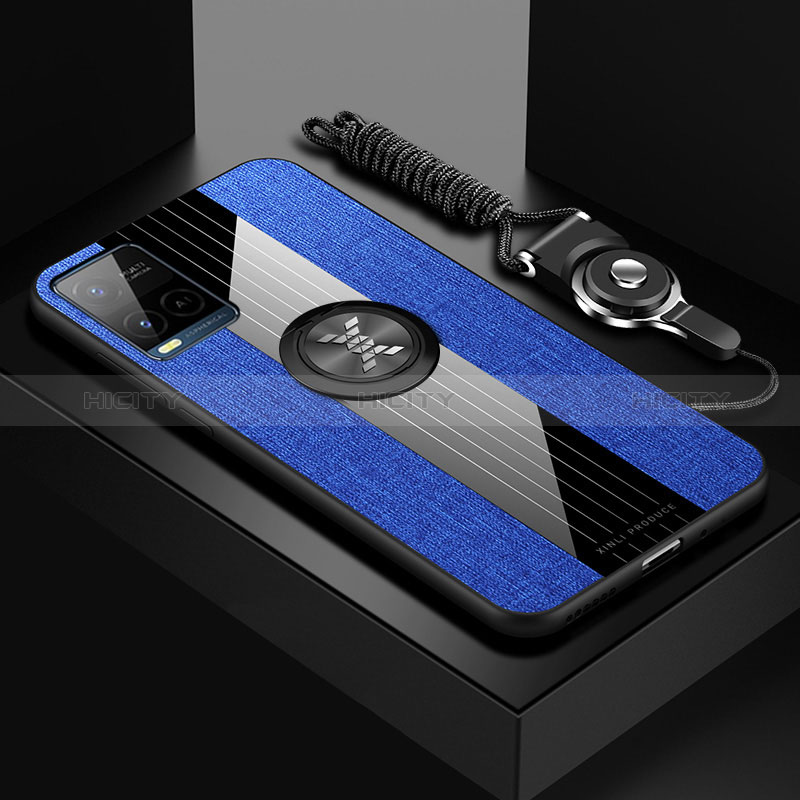 Coque Ultra Fine Silicone Souple Housse Etui avec Support Bague Anneau Aimante Magnetique X03L pour Vivo Y21 Bleu Plus