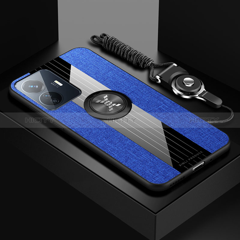 Coque Ultra Fine Silicone Souple Housse Etui avec Support Bague Anneau Aimante Magnetique X03L pour Vivo Y77e 5G Bleu Plus