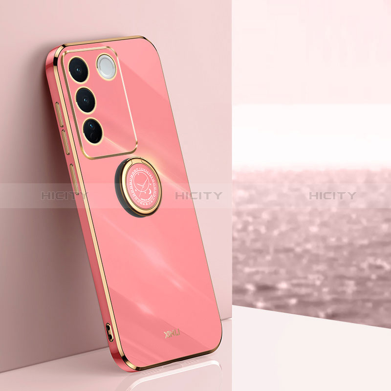 Coque Ultra Fine Silicone Souple Housse Etui avec Support Bague Anneau Aimante Magnetique XL1 pour Vivo V27 Pro 5G Rose Rouge Plus