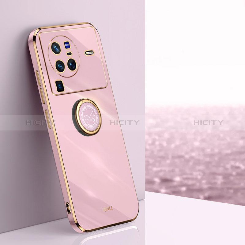 Coque Ultra Fine Silicone Souple Housse Etui avec Support Bague Anneau Aimante Magnetique XL1 pour Vivo X80 Pro 5G Rose Plus