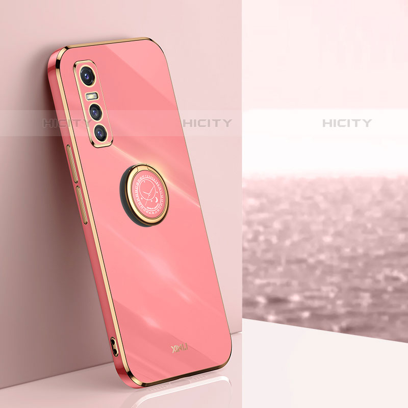 Coque Ultra Fine Silicone Souple Housse Etui avec Support Bague Anneau Aimante Magnetique XL1 pour Vivo Y73s 5G Rose Rouge Plus