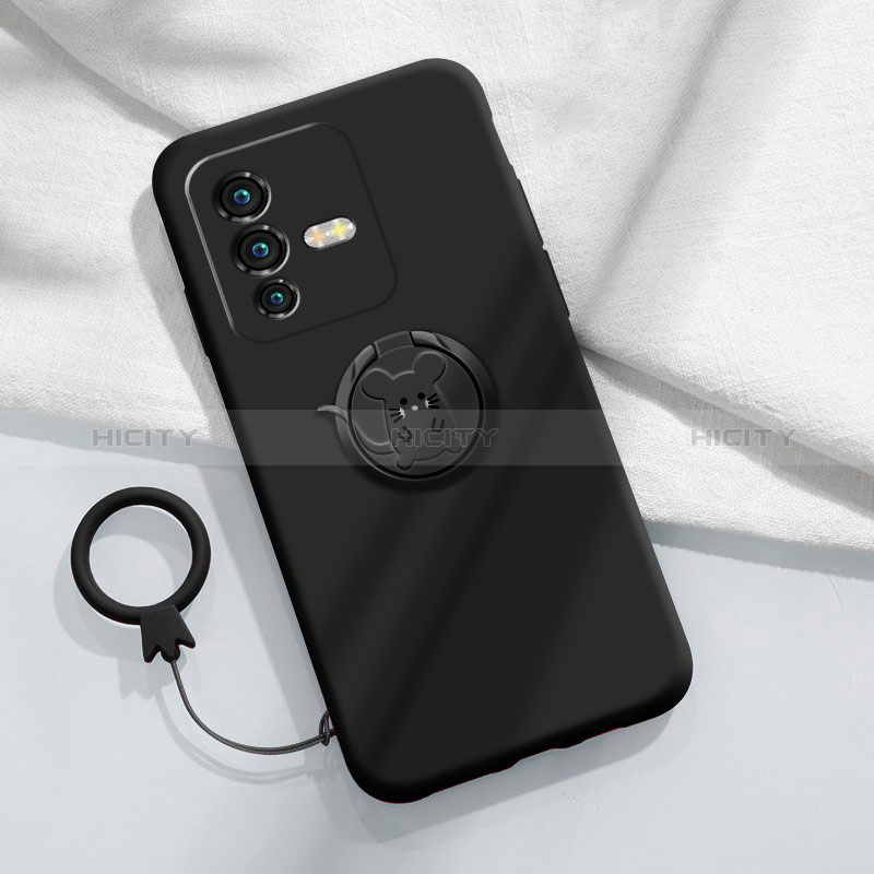 Coque Ultra Fine Silicone Souple Housse Etui avec Support Bague Anneau Aimante Magnetique Z01 pour Vivo V23 5G Noir Plus