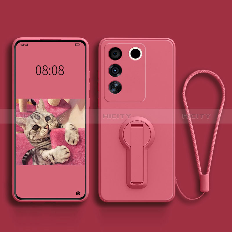 Coque Ultra Fine Silicone Souple Housse Etui avec Support S01 pour Vivo V27 5G Rose Rouge Plus