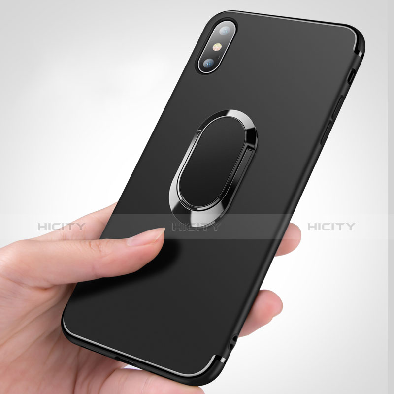 Coque Ultra Fine Silicone Souple Transparente avec Support Bague Anneau R01 pour Apple iPhone X Noir Plus